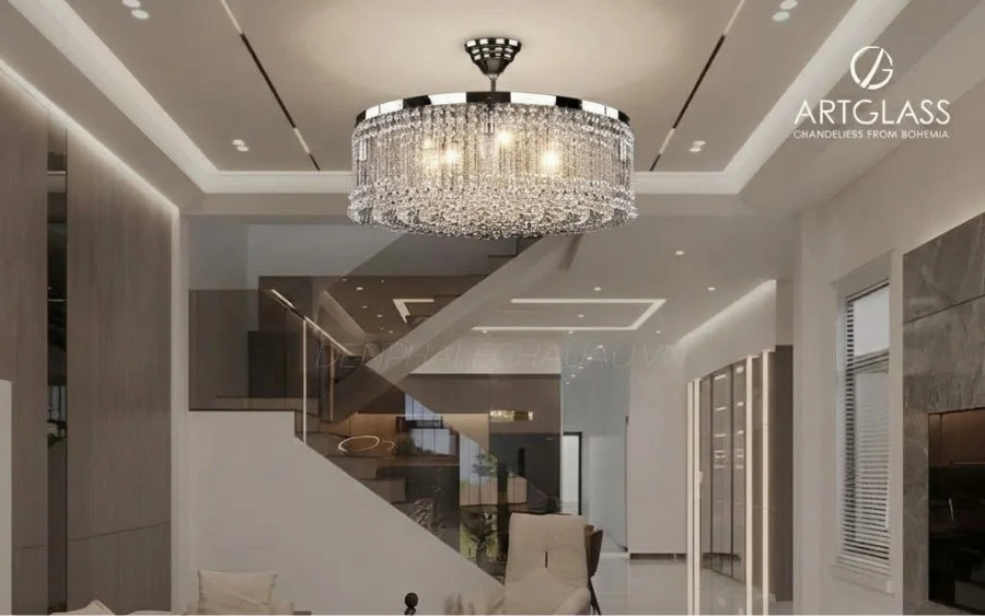 20+ Mẫu đèn pha lê phòng khách ốp trần đẹp được ưa chuộng